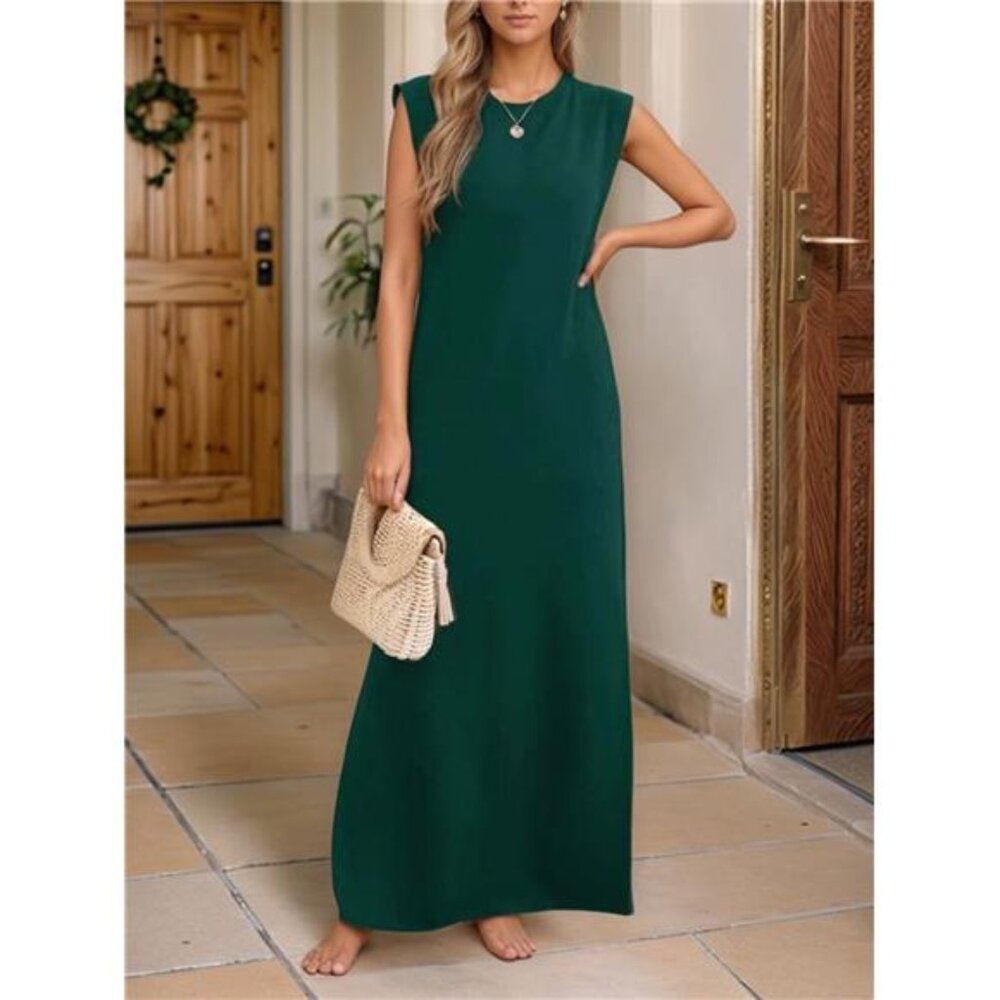 Full Size Slit Round Neck Sleeveless Maxi Tank Dress Plus Size